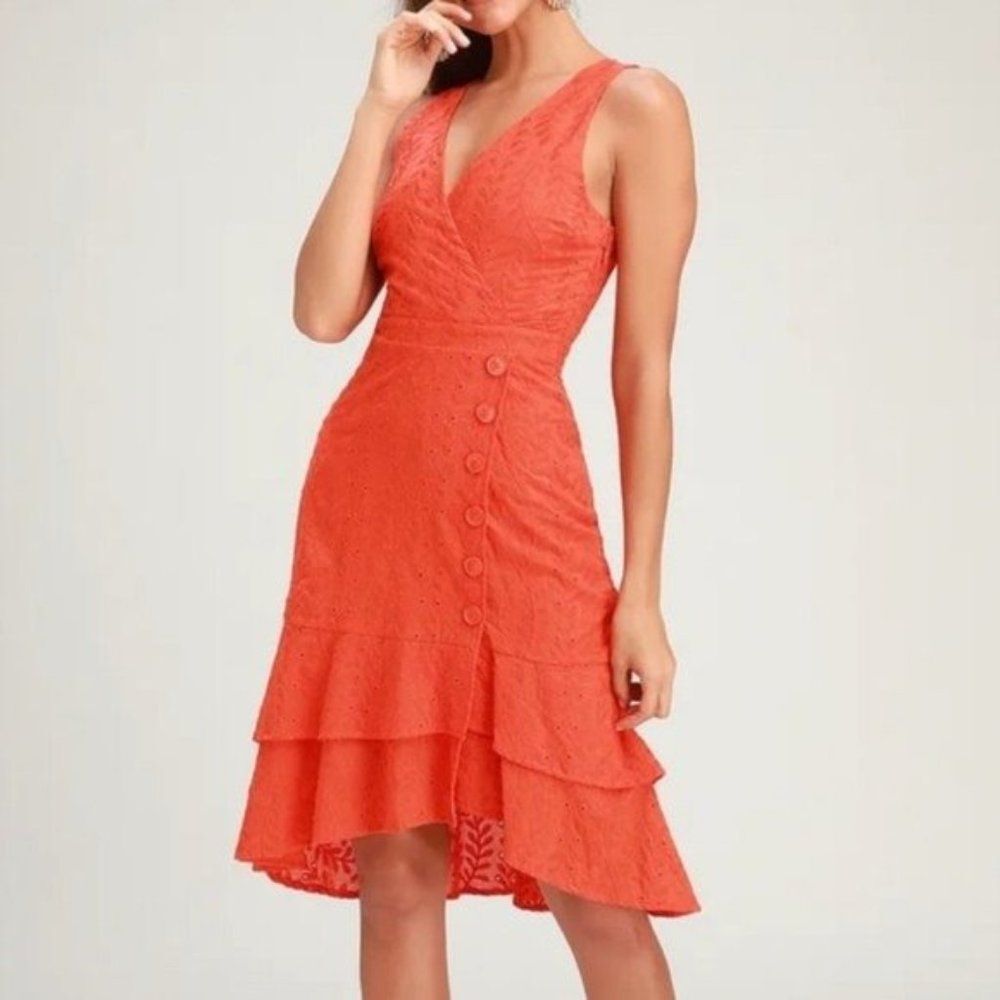 NWT LuLu’s Ren Coral Eyelet Ruffle Midi Dress